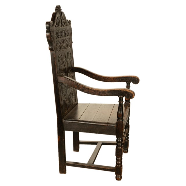 Antique 17th Century English Charles II Oak Carved Wainscot Armchair 1680 For Sale - Image 4 of 13