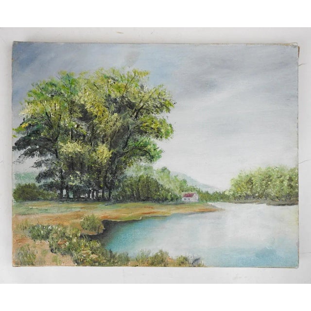 Vintage late 20th century acrylic on canvas lakeside landscape with cottage painting. Unsigned. Unframed.