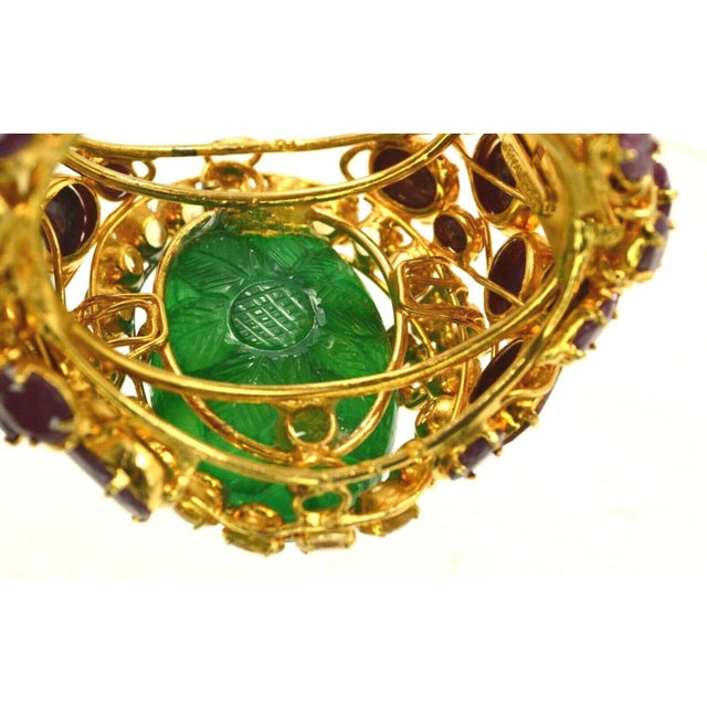 90s Iradj Moini Cuff Ruby Carved Green Emerald Citrine Statement Gold Plated Bangle Bracelet For Sale - Image 9 of 12