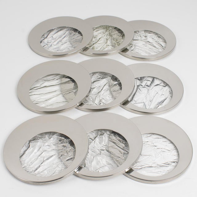 Silver 1970s Willy Rizzo Style Ice Effect Lucite and Chrome Coasters, 9 pieces For Sale - Image 8 of 13