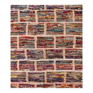 1930s Multicolor Geometric Folk Art Antique American Hooked Rug 3'3" X 3'10" Handknotted Wool Carpet For Sale