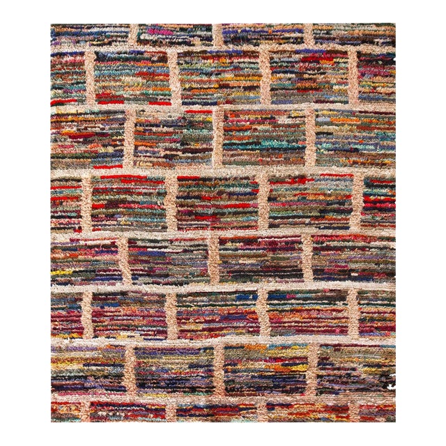 1930s Multicolor Geometric Folk Art Antique American Hooked Rug 3'3" X 3'10" Handknotted Wool Carpet For Sale