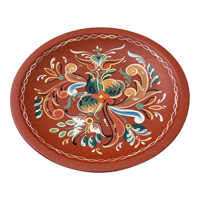 Vintage Norwegian Rosemaling Hand‑Painted Wooden Plate For Sale