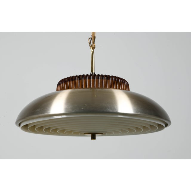 1970s 1970s Danish Modern Brushed Aluminum & Amber Glass Saucer Pendant For Sale - Image 5 of 7