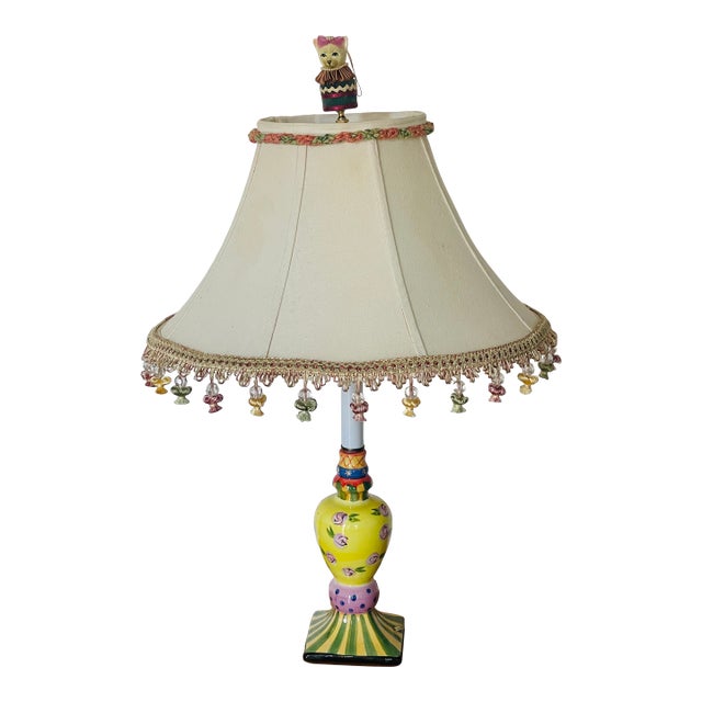1960s Mackenzie Childs Style Handpainted Candlestick Lamp With Shade For Sale