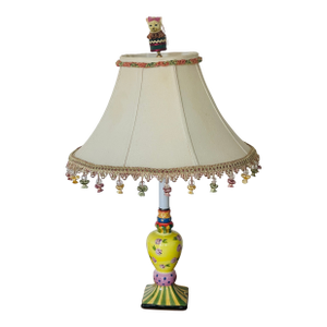 1960s Mackenzie Childs Style Handpainted Candlestick Lamp With Shade
