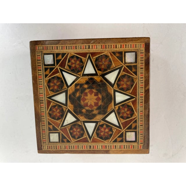 Moroccan Vintage Middle Eastern Moorish Inlaid Marquetry Mosaic Box For Sale - Image 3 of 12