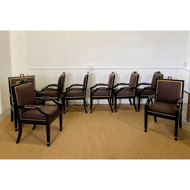 1980s 1980s Hollywood Regency Black Lacquer and Satin Dining Armchairs – Set of 8 For Sale - Image 5 of 13