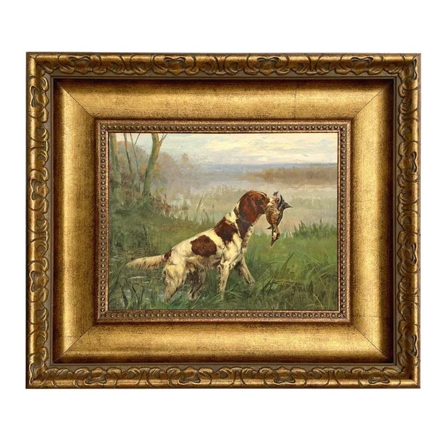 "Setter and a Ruddy Duck" Contemporary Reproduction Print on Canvas in Wide Antiqued Gold Frame. An 8x10" Framed to 14x16" For Sale - Image 4 of 4