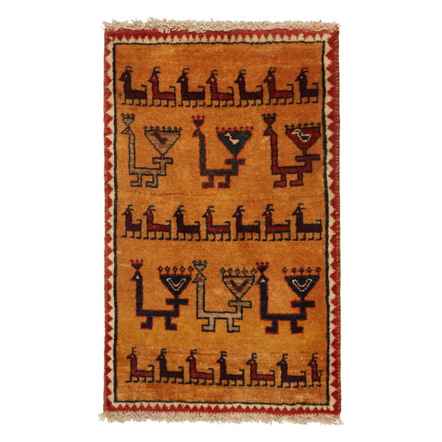 1950s Vintage Gabbeh Tribal Rug in Golden-Orange With Red and Beige-Brown Patterns For Sale In New York - Image 6 of 6