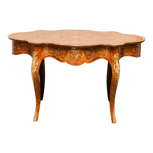 1900s French Louis XV Boulle' Style Inlaid Wood Table With Gilt Ormolu Mount For Sale