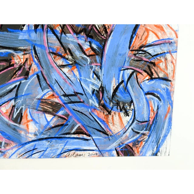 Abstract Expressionist acrylic painting on paper in blue and pink by Jerry Adams (20th - 21st century) American. Signed...