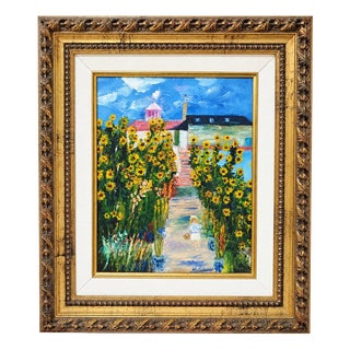 M. Gimenez, Country House with Sunflowers and a Girl, Oil on Canvas, Framed For Sale