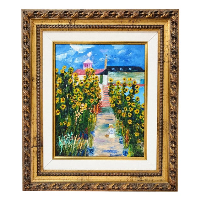 M. Gimenez, Country House with Sunflowers and a Girl, Oil on Canvas, Framed For Sale