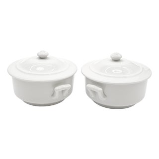 Late 20th Century French Apilco White Porcelain Individual Covered Casseroles, Pair For Sale