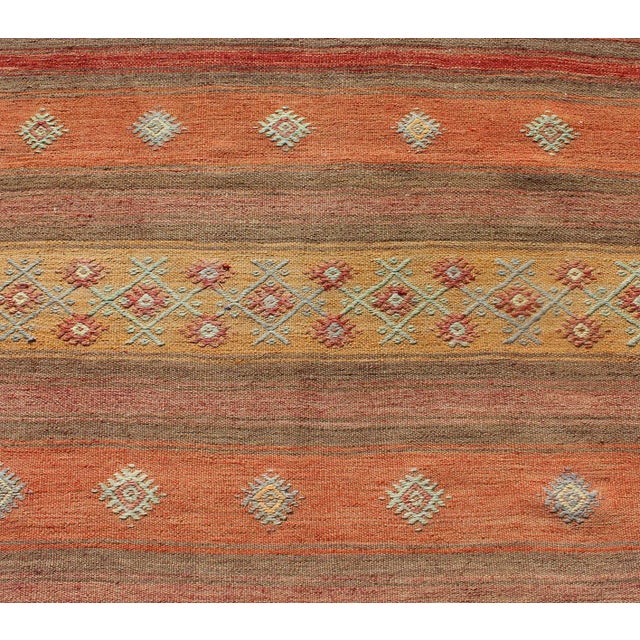 Textile Colorful Vintage Turkish Kilim Rug With Horizontal Stripes and Geometric Shapes For Sale - Image 7 of 12