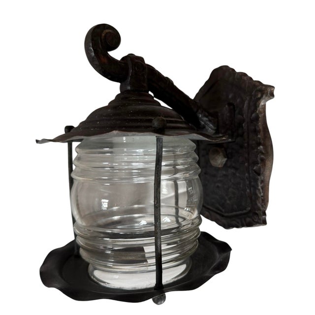 Circa 1920’s Hammered Iron and Brass Glass Jar Outdoor Wall Sconce For Sale - Image 4 of 6