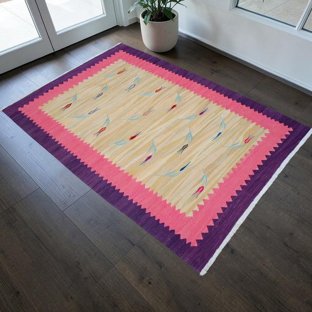 Contemporary Turkish Silk Rug Kilim Hand Woven Tulips Motif Oushak Area Rug - 3′11″ × 5′7″ For Sale - Image 3 of 17