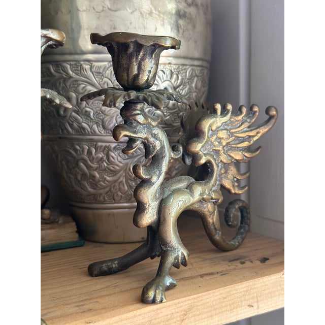 Antique Brass Mythical Griffin Candlestick Holders - A Pair For Sale - Image 4 of 5