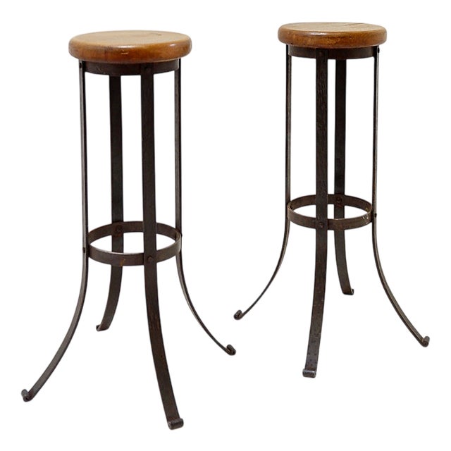 Brutalist Bar Stools in Oak and Wrought Iron, 1960s, Set of 2 For Sale