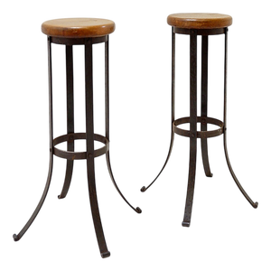 Brutalist Bar Stools in Oak and Wrought Iron, 1960s, Set of 2