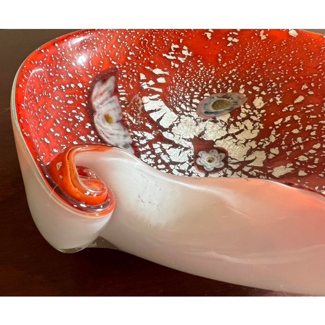 Mid 20th Century Vintage Midcentury Barbini Murano Style Red Silver Flecks Italian Art Glass Bowl Ashtray For Sale - Image 5 of 12