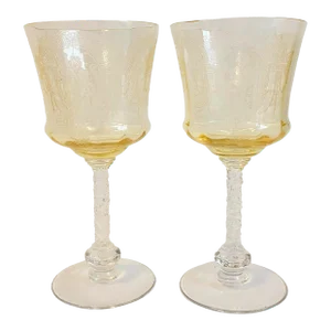 Tiffin Franciscan Pale Yellow Wine Glasses Water Goblets Etched Glass a Pair