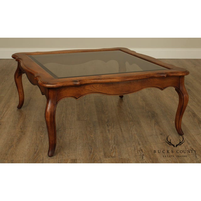 Ethan Allen Country French Solid Maple Square Glass Top Coffee Table