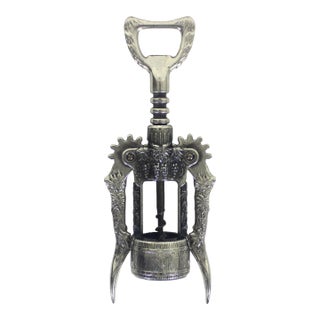 Vintage Italian Corkscrew Grapes Barrel Leaves Silver Finish Wine Opener Tool, Screw Pull, Key, Ornate, Bar Cart Styling For Sale