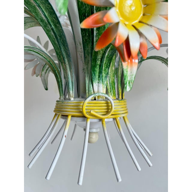 Vintage European Floral Tole Chandelier with Frosted Glass Tulip Shades, 1970s For Sale - Image 10 of 13