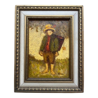 Mid 20th Century Ruth Vamos Signed Folk Art 5x7 Painting of Child With Satchel, Framed For Sale