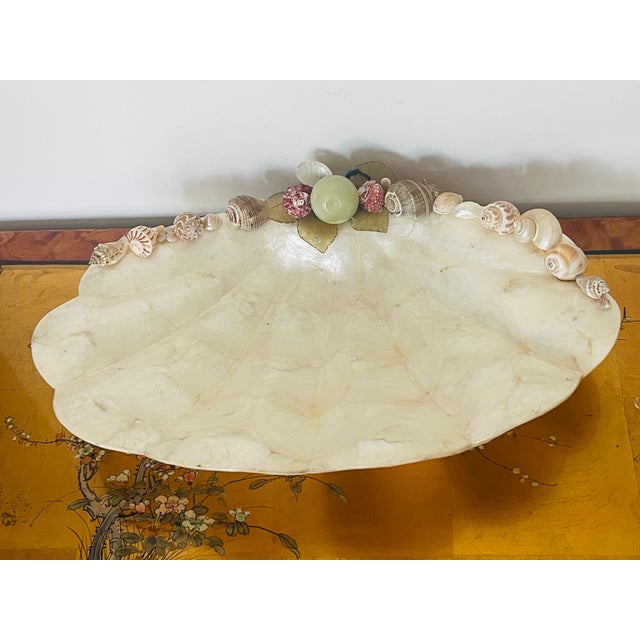 Vintage 20 th c large Capiz shell shape festooned bowl decorated with jadeite jade fruit and sea shells on the border.
