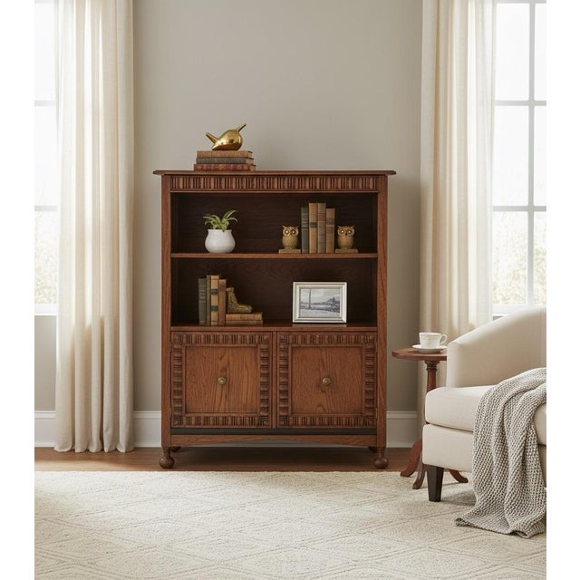 Wood Vintage English Jacobean Revival Oak Bookcase With Reeded Cabinet Doors For Sale - Image 7 of 8