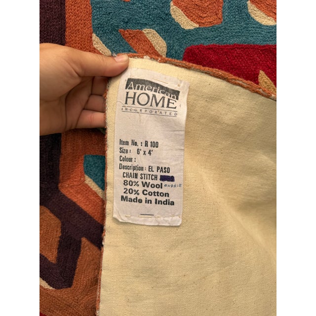 Vintage Indian Wool Chain Stitch Tapestry With Tribal Kilim Design, 4' × 6' For Sale - Image 9 of 12