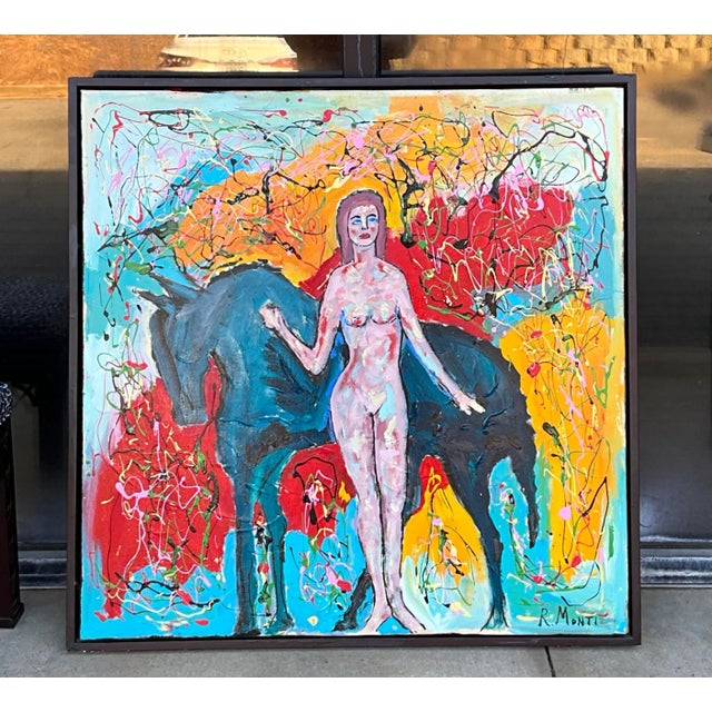 Wood Large Signed Framed Modern Abstract Oil on Canvas - Female Nude W/ Horse Art For Sale - Image 7 of 7