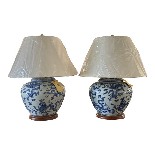 Ralph Lauren Blue and White Dragon Porcelain New Table Lamps - Pair For Sale