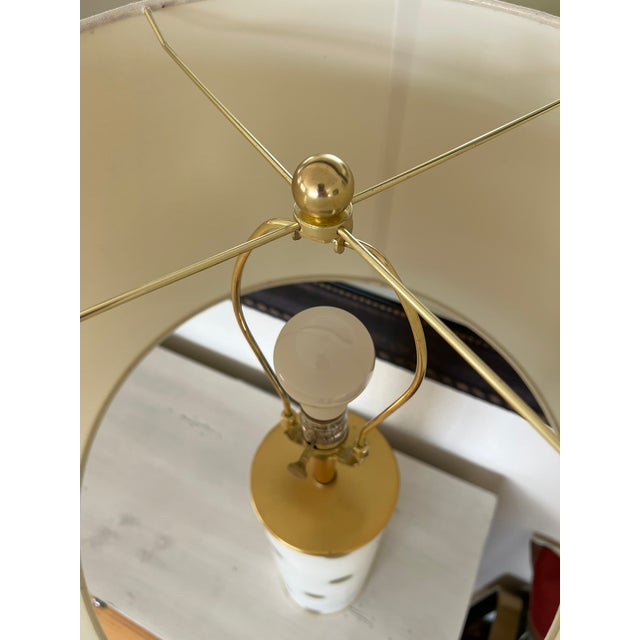 Kate Spade Cream & Gold Pavilion Polka Dot Cylinder Table Lamp W/ Cream Linen Shade; Set of 2 For Sale - Image 15 of 17