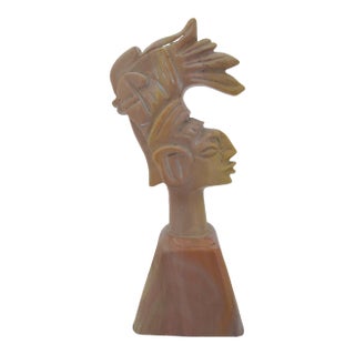 Aztec Mayan Indian Chief Headdress Carved Stone Paperweight Figurine Sculpture For Sale