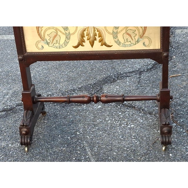 19th Century Victorian Carved Walnut and Embroidered Silk Rolling Fireplace Screen For Sale - Image 11 of 13