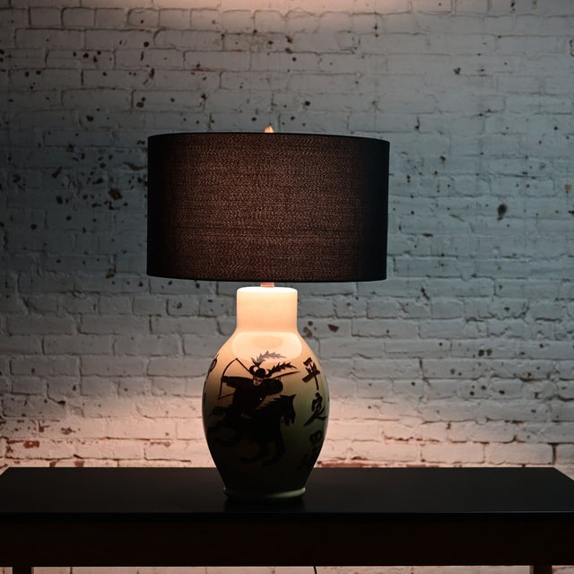 Mid 20th Century 1960’s Asian Chinoiserie Style Large Scale Ceramic Table Lamp With Painted Warrior on Horse For Sale - Image 5 of 12