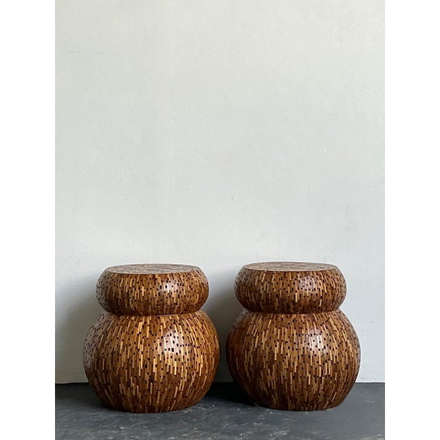 Wood Vintage Wood Mosaic Low Stools - A Pair For Sale - Image 7 of 18