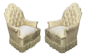 19th C Style Style Lounge Chairs Upholstered in Silk Damask W Ebanista Bullion Fringe Skirts - A Pair