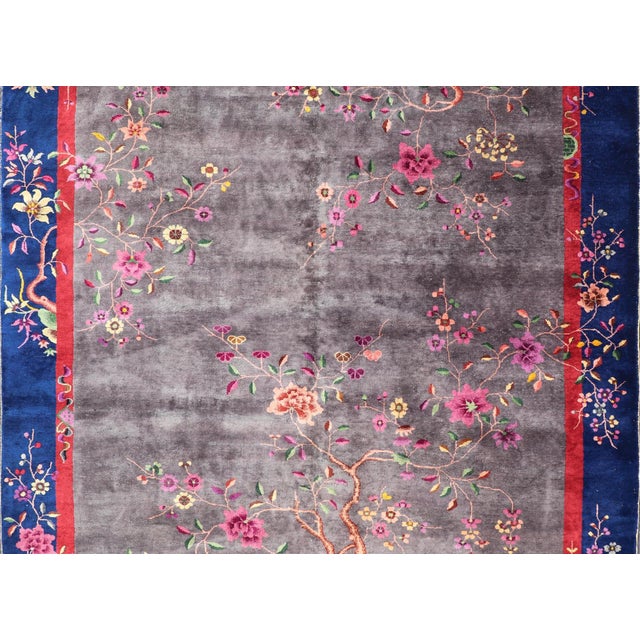 Antique Art Deco Rug in Soft Grey Field With Navy Blue and Red Border For Sale - Image 11 of 14