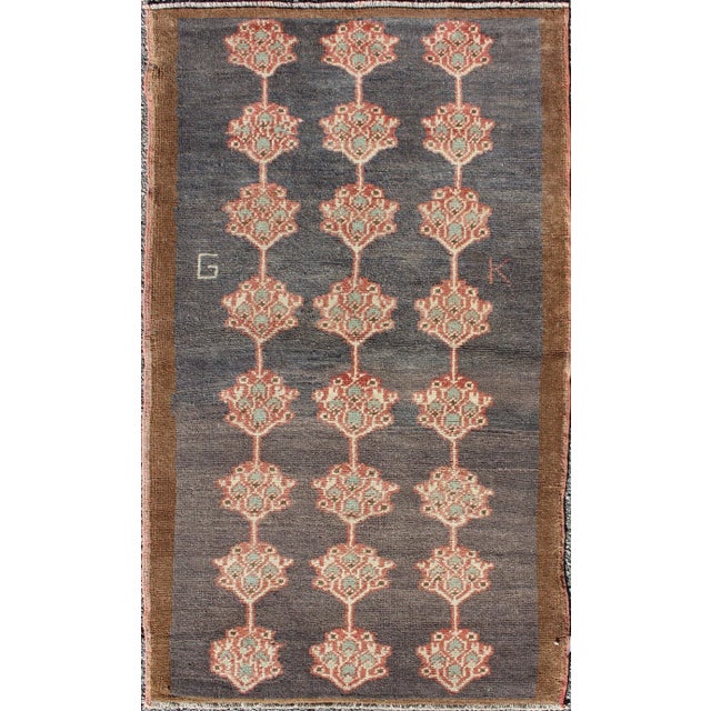 Textile Vintage Turkish Tulu Rug With Three Rows of Flowers on Gray & Charcoal Field For Sale - Image 7 of 7