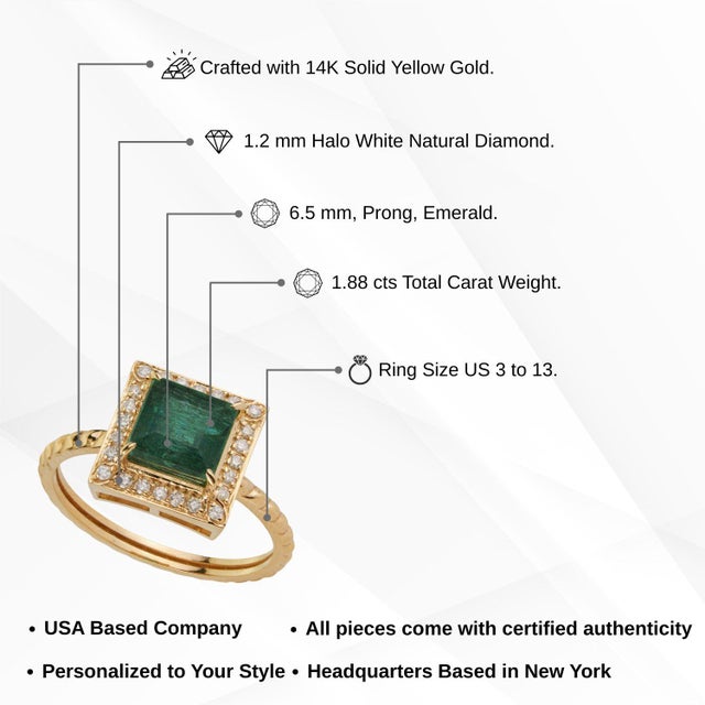 VRJewels 14k Yellow Gold Square Emerald Diamond Halo Vintage Ring Size 4 For Sale - Image 9 of 15
