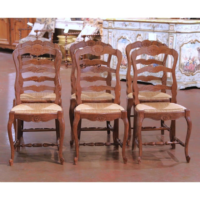 French Set of Six French Ladder Back Oak Dining Chairs With Rush Seat From Normandy For Sale - Image 3 of 14