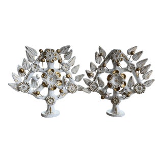 Vintage Pair Mid-Century Folk Art Tree of Life Candelabra White Gold Hand Painted Mexican Redware Terracotta Pottery For Sale
