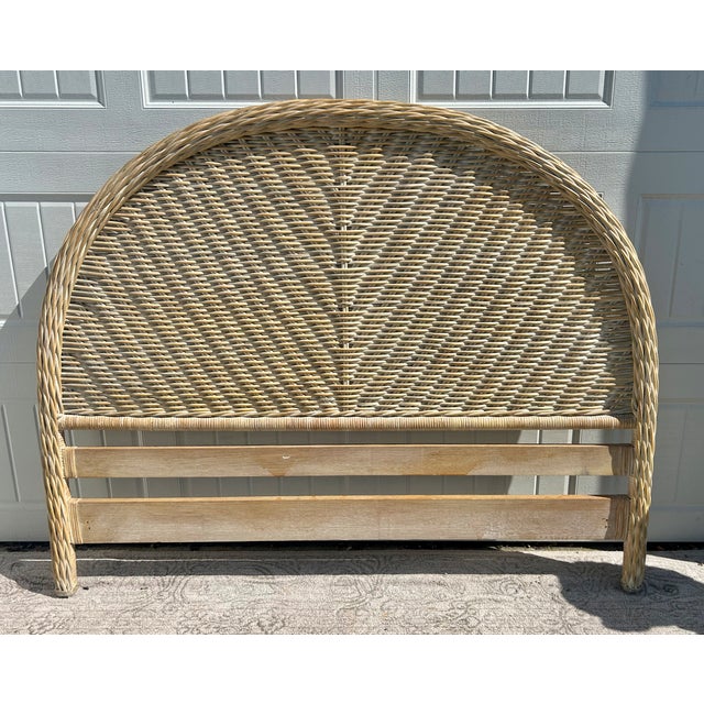 Coastal Vtg. Palecek Coastal Style Rattan Queen Size Rounded Headboard For Sale - Image 3 of 13
