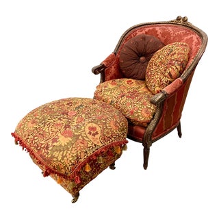 Vintage Tapestry Upholstered Chair and Ottoman For Sale