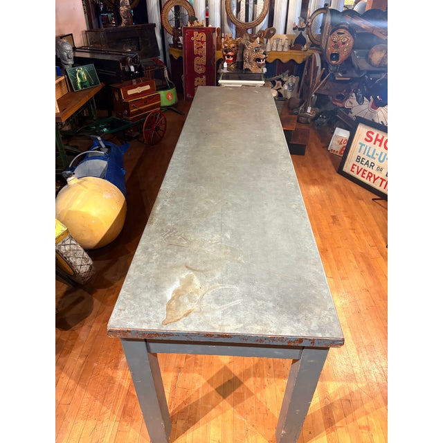 Antique Extra Long Industrial Table - Weathered Zinc and Painted Base For Sale - Image 4 of 9
